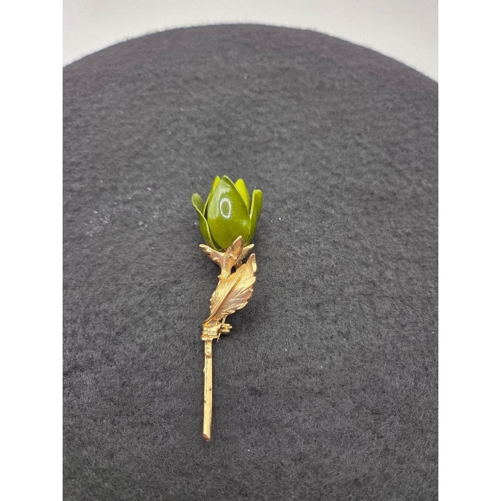 Vintage Enamel Green Gold One Flower Bud And Leaf Brooch Pin 3"L